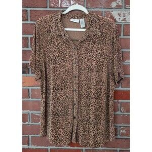 Liz Claiborne Leopard Print Top Blouse Button  Long Sleeve 2XL Slinky Stretchy